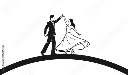 A black and white silhouette illustration of a newlywed couple dancing together on a curved line