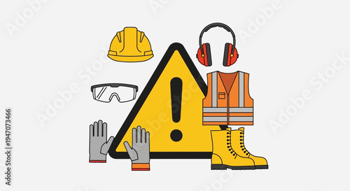 Workplace Safety PPE Icons. Essential gear hard hat, vest, safety glasses, gloves, earmuffs, boots, and a warning sign. Essential industrial personal protection for hazard prevention