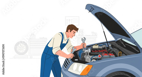 Mechanic repairing car engine.