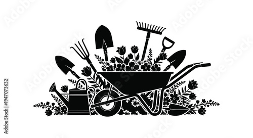 A black silhouette displays gardening tools arranged around flowers and a small wheelbarrow evoking a peaceful scene silhouette