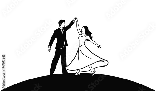 A black and white graphic illustration of a couple dancing together on a curved horizon line