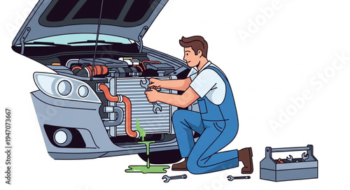 Mechanic repairing car engine.