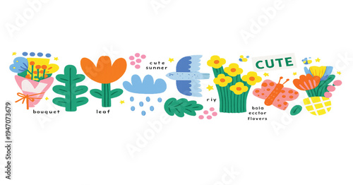 Nature. Naive summer and spring children's bold flower. Vector isolated cute illustrations of a leaf, tulip, bouquet, cloud with rain, bird and butterfly on a transparent background for sticker, print
