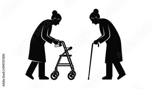 Black silhouette icons of two elderly women using a medical walker and a walking stick for support