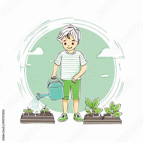 A boy watering plants in a garden, symbolizing growth and nurturing young life