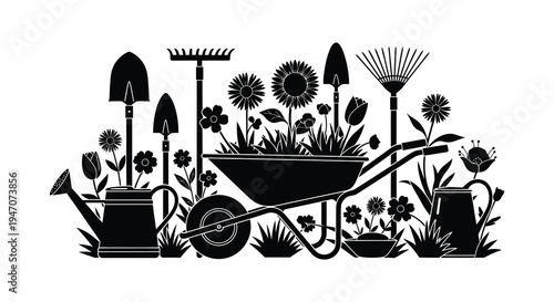 A detailed garden arrangement featuring tools flowers and a wheelbarrow all rendered as a striking silhouette high quality