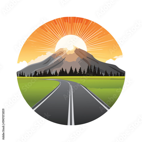 Road leading to mountain landscape with sun rising illustration vector