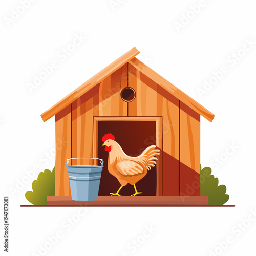 Chicken coop with a chicken and a bucket outside a wooden structure