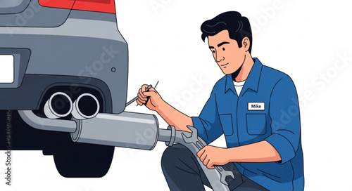 Mechanic repairing car exhaust pipe.