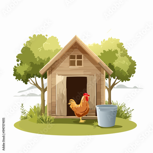 Chicken coop with a chicken standing outside and a bucket nearby