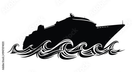 A dramatic black silhouette of a large cruise ship sailing through stylized swirling ocean waves silhouette high quality