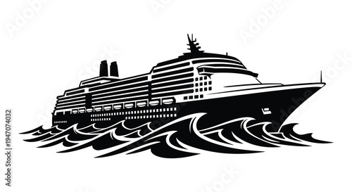 A detailed black and white illustration depicts a large cruise ship sailing through ocean waves silhouette high quality