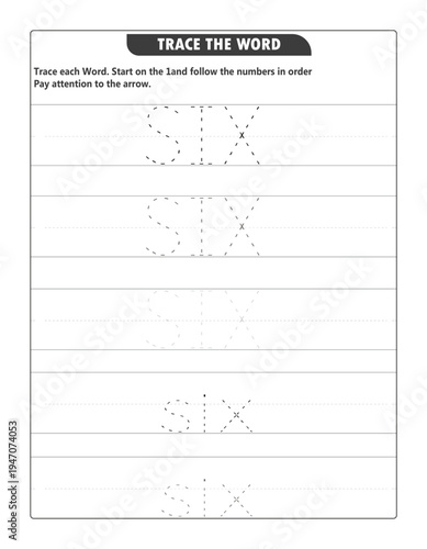 Trace the Word Six Handwriting Practice Worksheet for Kids
