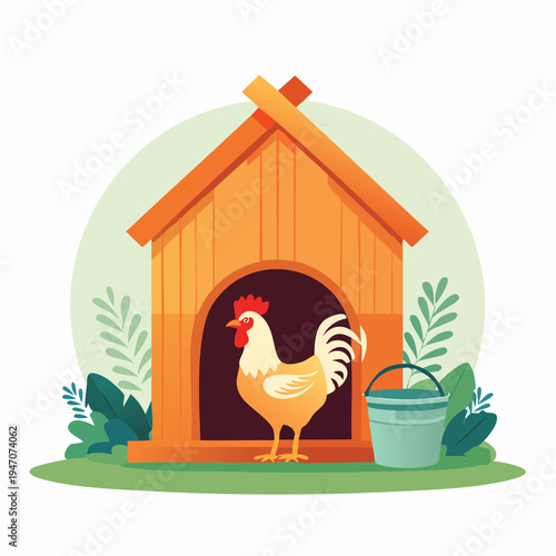Charming cartoon depiction of a colorful rooster by a traditional chicken dwelling on a small farm