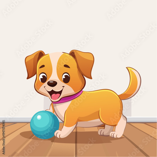 Cute cartoon puppy playing with a blue ball on a wooden floor