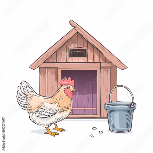 Charming farm scene illustration with a hen, rustic coop, and feeding bucket, depicting domestic poultry life