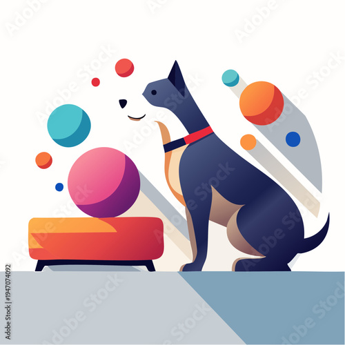 A dog sitting on a platform with colorful balloons floating around