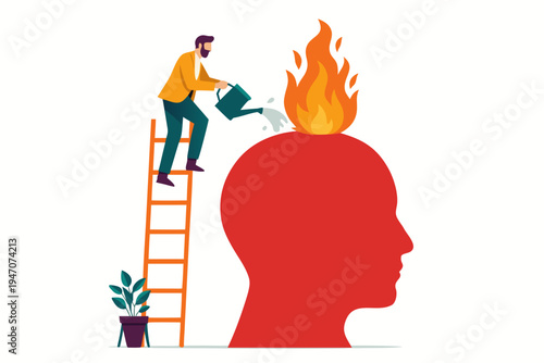 A man on a ladder waters a giant red head with a flame on top, symbolizing problem-solving and cooling down stress. Flat design.