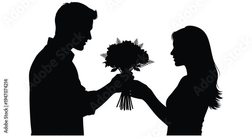 A romantic exchange of flowers between a man and a woman depicted in a striking silhouette high quality