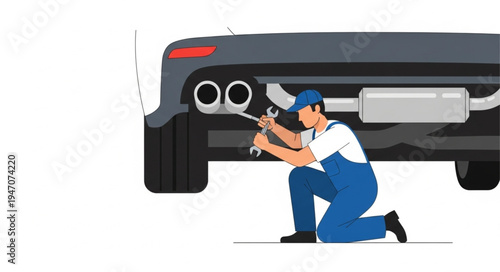 Mechanic repairing car exhaust system.