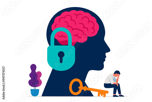 A flat design vector illustration depicting a locked brain within a silhouette, symbolizing mental blocks, problems, or the need for solutions with a key nearby.