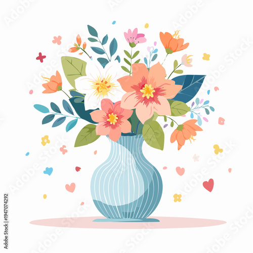 Beautiful Bouquet of Colorful Flowers in a Blue Ceramic Vase