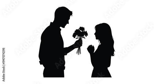 A man presenting flowers to a woman their profiles facing each other in a romantic moment silhouette