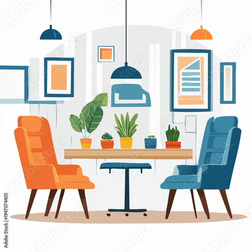 Cozy dining area with two colorful armchairs and a table with plants