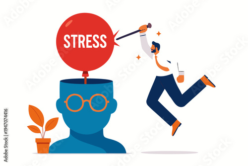 A businessman pops a red 'stress' balloon floating from an open head, symbolizing relief and mental clarity in a flat design illustration.