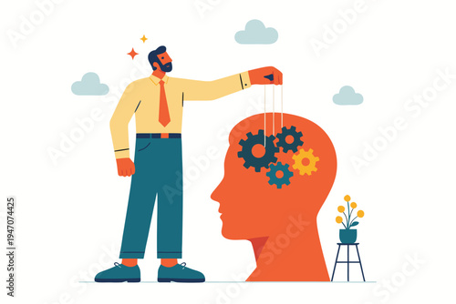 A man in a suit manipulates gears within a large head silhouette, symbolizing control over thoughts and ideas in a flat design.
