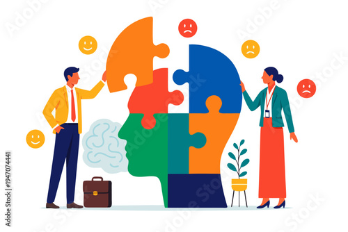 Business people assemble a large human head jigsaw puzzle, representing mental health and emotional intelligence, in a flat vector style.