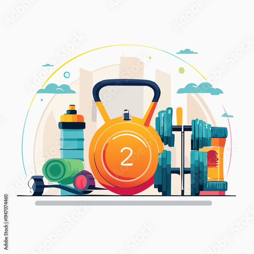 Vibrant illustration of essential fitness equipment for a dynamic home workout session, promoting health and active lifestyle