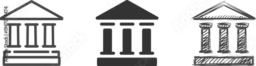 Bank building icon set courthouse government institution finance architecture column structure line solid sketch vector illustration collection