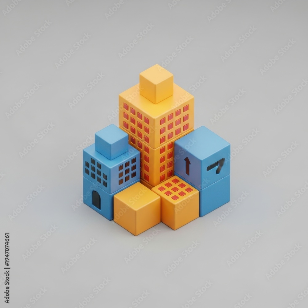 Fototapeta premium Stacked colorful plastic toy blocks with numbers and windows