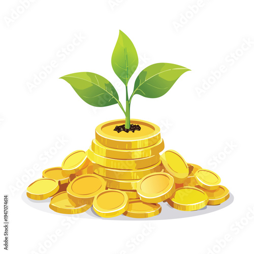 Growing plant emerging from golden coins representing financial growth
