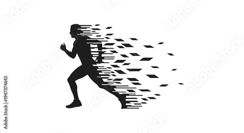 A dynamic image showcasing a running figure dissolving into fragmented pixels depicting speed and motion silhouette high quality