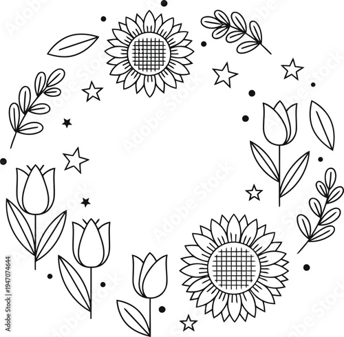 Coloring page vector floral wreath with sunflowers and tulips for kids and adults