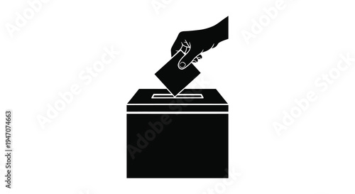 A black silhouette depicts a hand inserting a ballot into a voting box representing civic duty and elections silhouette
