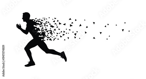 A dynamic image of a man running seemingly dissolving into fragmented pixels a striking silhouette high quality professional
