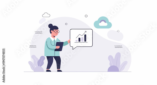 Illustrated person with tablet shows upward trend graph in speech bubble