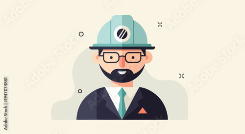 A flat illustration of a man wearing a hard hat and glasses
