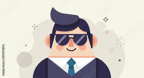 A cool, cartoonish man in sunglasses and a suit with a stylized background