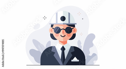 A flat illustration of a professional person wearing a hard hat and suit