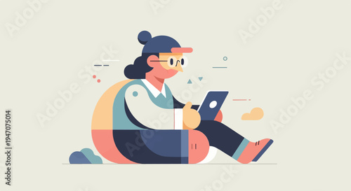 Modern flat illustration of a person sitting and using a tablet device
