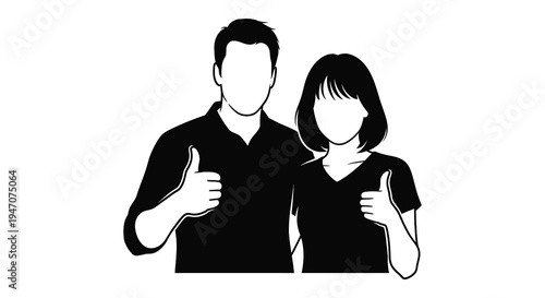 A stark black and white image depicts a couple giving thumbs up signs presented as a silhouette