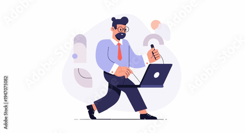 Animated man with beard and glasses walks with laptop and stylus