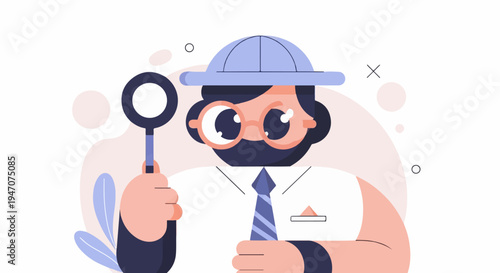 Animated character wearing a hat, glasses, and tie, holding a magnifying glass