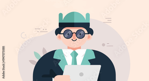 Animated character in formal attire with glasses holds a tablet, wearing a unique cap