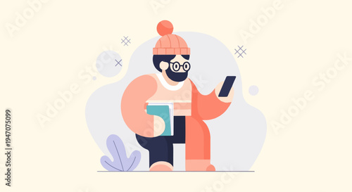 A stylized person with glasses and a beanie holding a book and phone