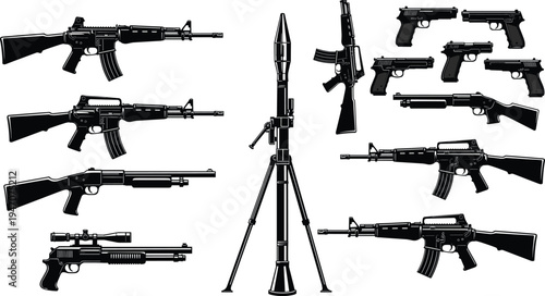 Military firearms silhouettes collection with rifles pistols shotgun and rocket launcher, tactical weapon set vector illustration isolated on white background